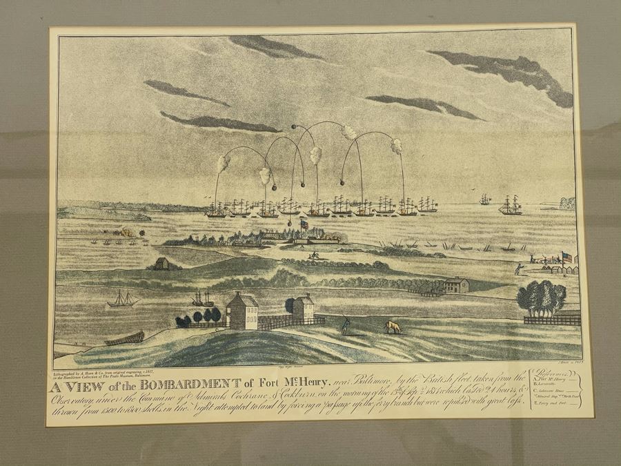 Framed Lithograph By A. Hoen & Co From Original Engraving C.1817 Titled 'A View Of The Bombardment Of Fort McHenry' 17 X 13 [Photo 1]