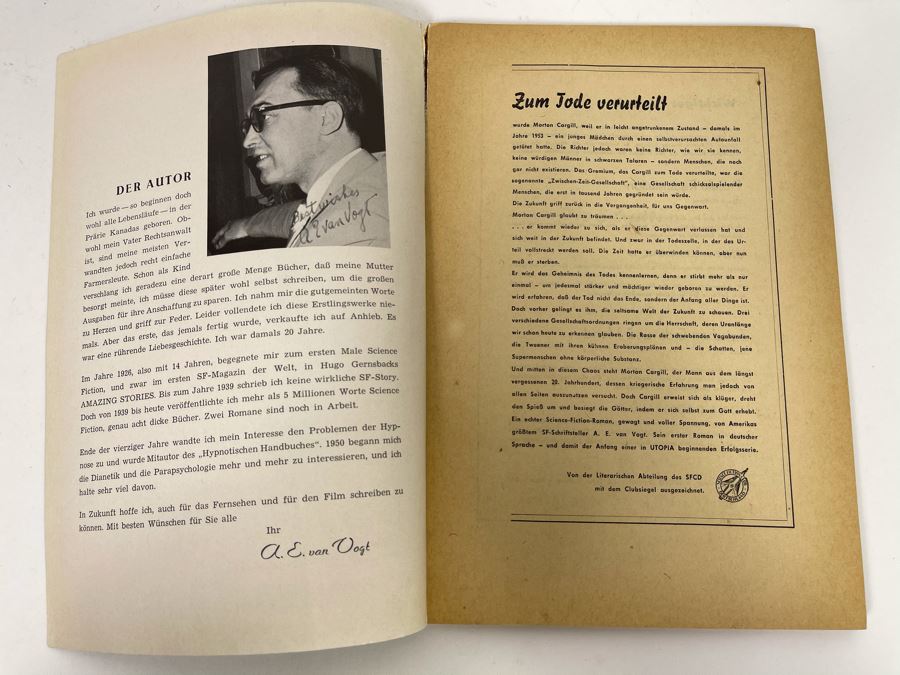 Rare Vintage 1957 Double Hand Signed A. E. Van Vogt German Science Fiction Publication Digest Novel Titled 'Die Schatten' Written In German Utopia Nr. 48 Science Fiction Grossband [Photo 4]
