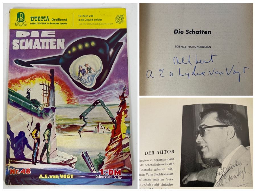 Rare Vintage 1957 Double Hand Signed A. E. Van Vogt German Science Fiction Publication Digest Novel Titled 'Die Schatten' Written In German Utopia Nr. 48 Science Fiction Grossband [Photo 1]