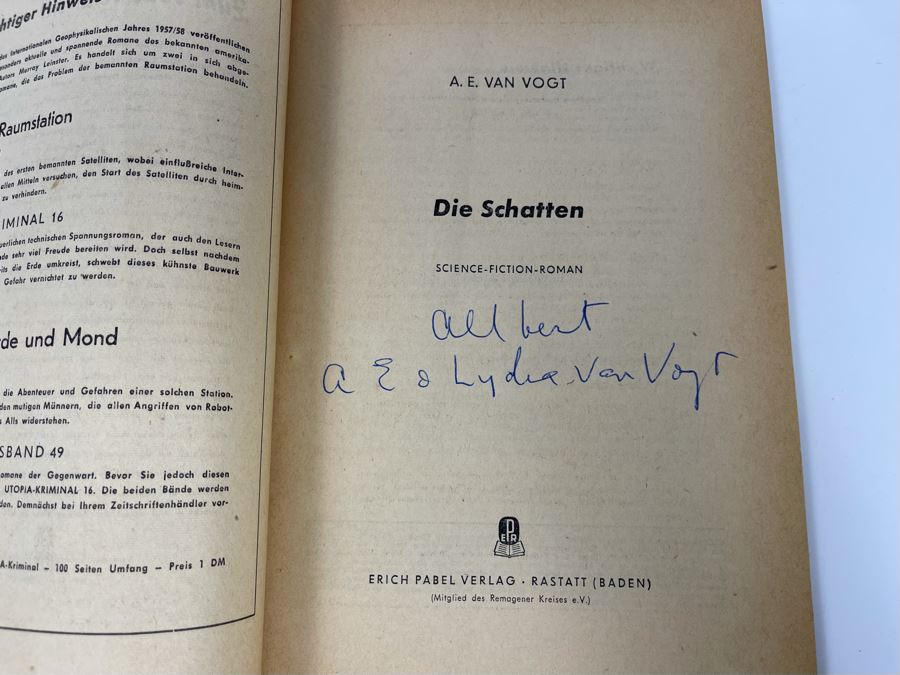 Rare Vintage 1957 Double Hand Signed A. E. Van Vogt German Science Fiction Publication Digest Novel Titled 'Die Schatten' Written In German Utopia Nr. 48 Science Fiction Grossband [Photo 9]