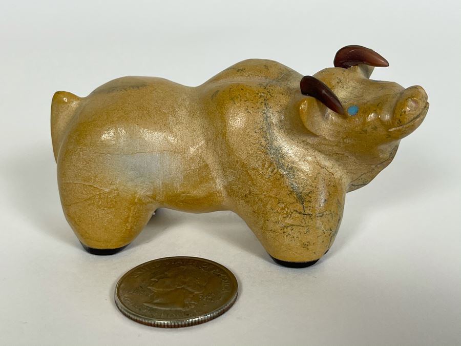 Carved Stone Native American Fetish Of Bull With Turquoise Eyes [Photo 3]