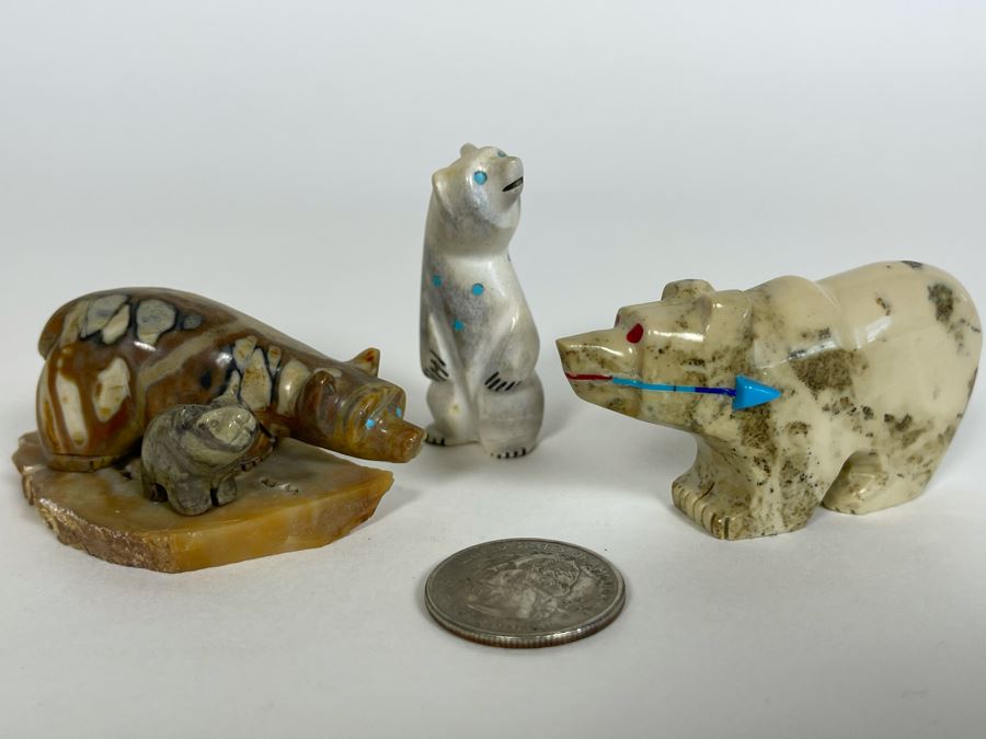 Collection Of Native American Carved Stone Bear Fetishes - One Signed By David Chavez, Zuni [Photo 1]