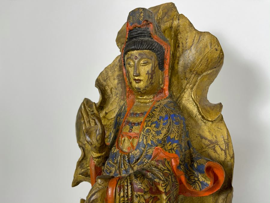 Old Chinese Gilded Carved Wooden Buddha Statue Of Guanyin 10W X 24H [Photo 8]