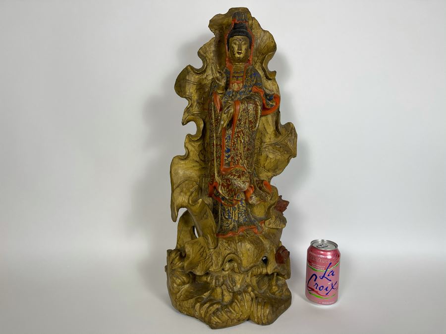 Old Chinese Gilded Carved Wooden Buddha Statue Of Guanyin 10W X 24H [Photo 5]