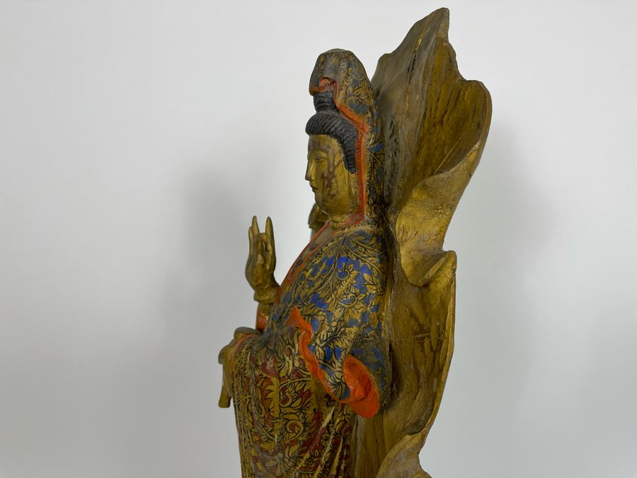Old Chinese Gilded Carved Wooden Buddha Statue Of Guanyin 10W X 24H [Photo 16]
