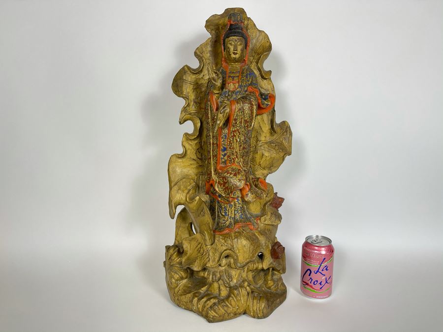 Old Chinese Gilded Carved Wooden Buddha Statue Of Guanyin 10W X 24H [Photo 2]