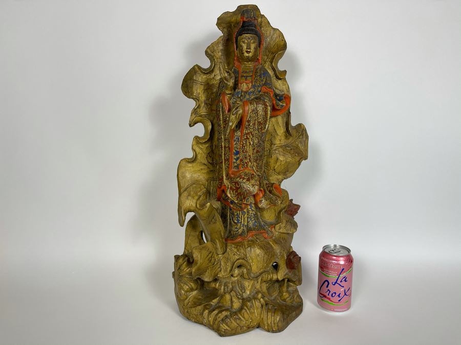 Old Chinese Gilded Carved Wooden Buddha Statue Of Guanyin 10W X 24H [Photo 6]