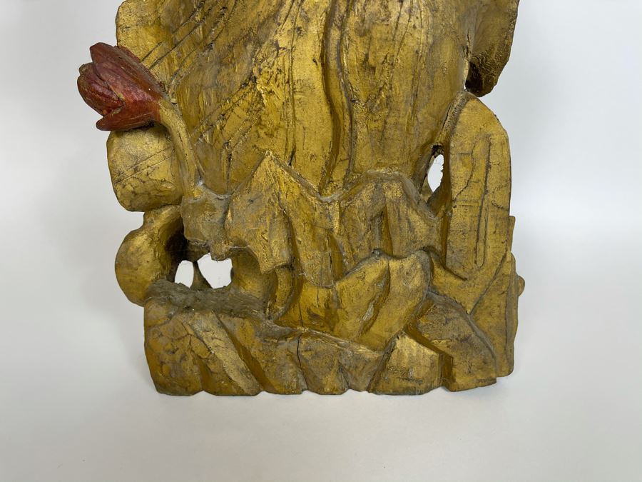 Old Chinese Gilded Carved Wooden Buddha Statue Of Guanyin 10W X 24H [Photo 18]