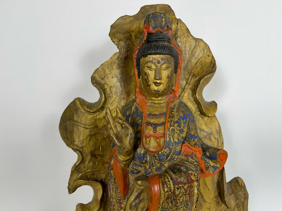 Old Chinese Gilded Carved Wooden Buddha Statue Of Guanyin 10W X 24H [Photo 7]
