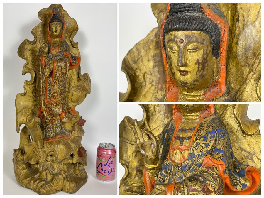 Old Chinese Gilded Carved Wooden Buddha Statue Of Guanyin 10W X 24H [Photo 1]