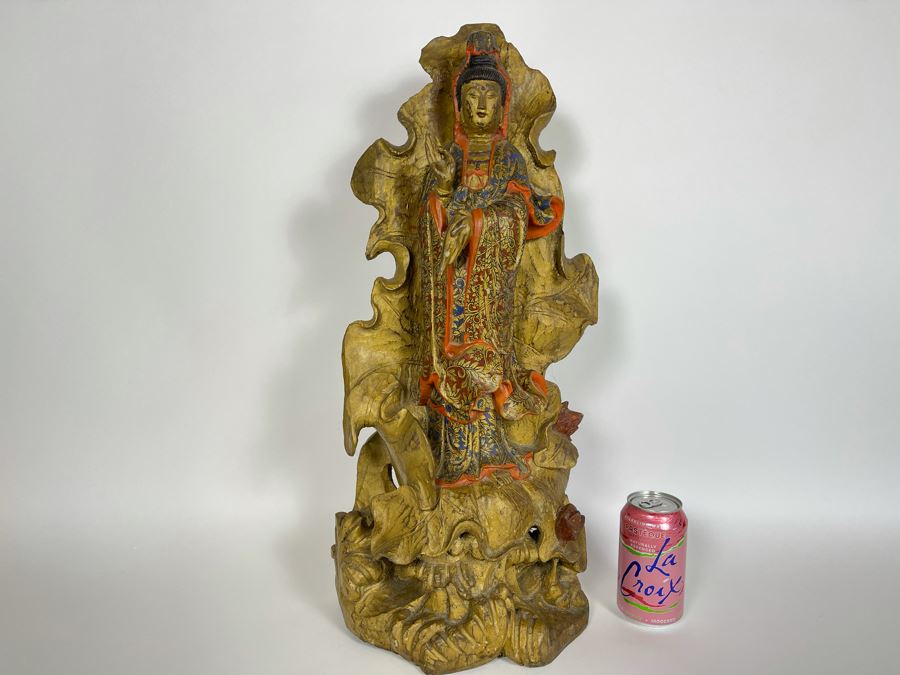 Old Chinese Gilded Carved Wooden Buddha Statue Of Guanyin 10W X 24H [Photo 4]