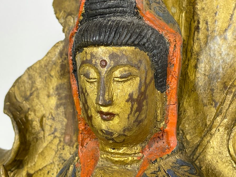 Old Chinese Gilded Carved Wooden Buddha Statue Of Guanyin 10W X 24H [Photo 9]