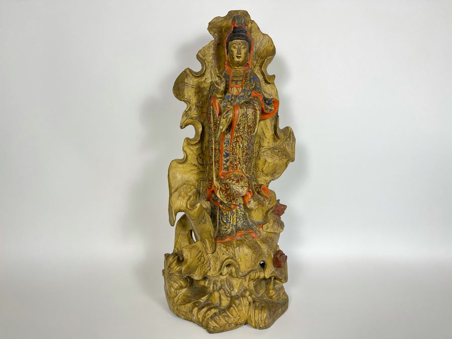 Old Chinese Gilded Carved Wooden Buddha Statue Of Guanyin 10W X 24H [Photo 3]