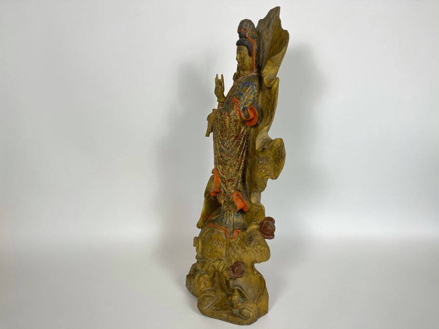 Old Chinese Gilded Carved Wooden Buddha Statue Of Guanyin 10W X 24H [Photo 15]