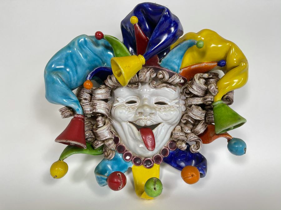 Hand Painted Ceramic Jester Face Signed Apolito Italy For Cottura 13W X 13H X 5D