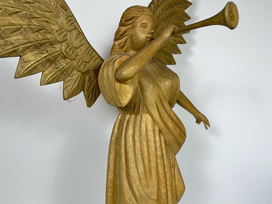 Large Carved Wooden Partially Gilded Sculpture Of Angel With Removable Wings Blowing Trumpet Horn [Photo 7]
