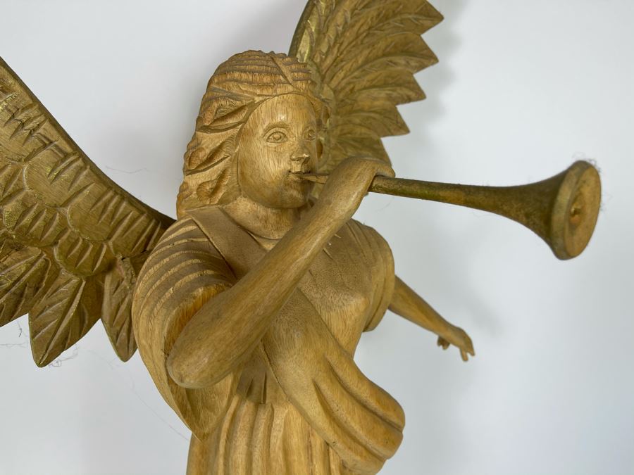 Large Carved Wooden Partially Gilded Sculpture Of Angel With Removable Wings Blowing Trumpet Horn [Photo 6]