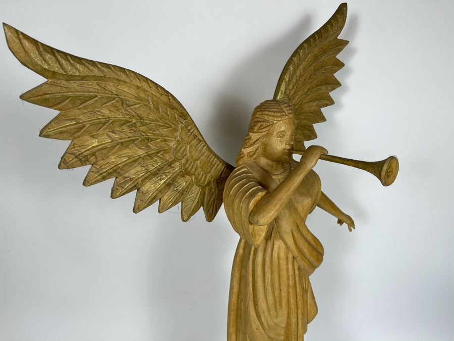 Large Carved Wooden Partially Gilded Sculpture Of Angel With Removable Wings Blowing Trumpet Horn [Photo 5]