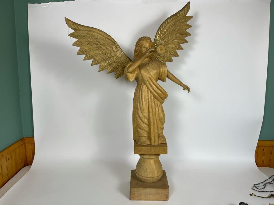Large Carved Wooden Partially Gilded Sculpture Of Angel With Removable ...