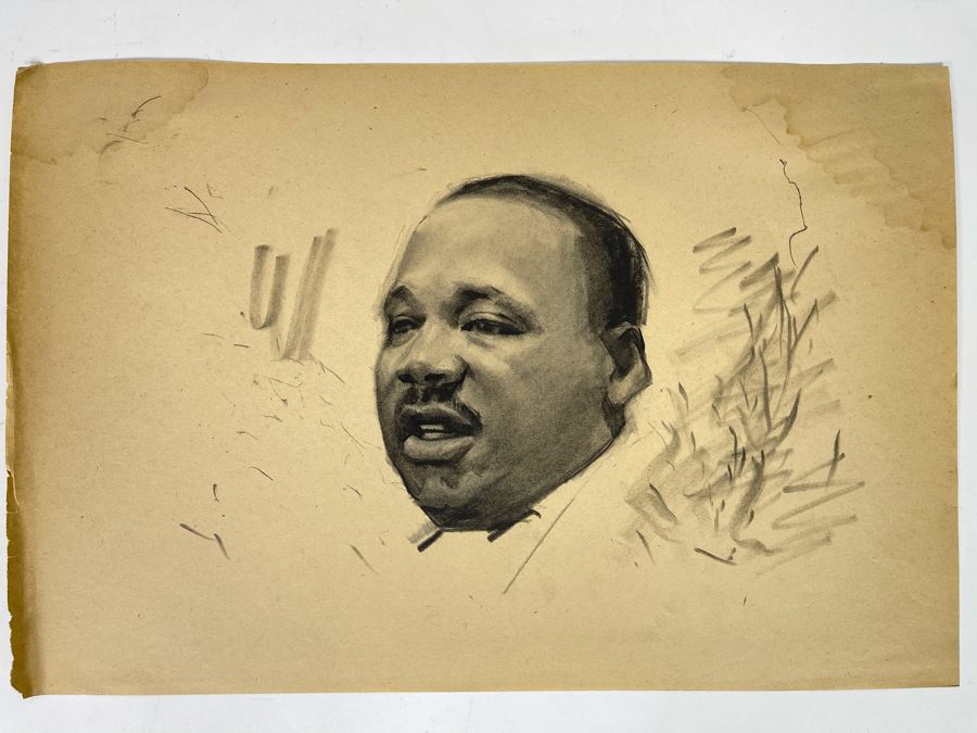 Unsigned Original Charcoal Drawing Portrait Of Martin Luther King, Jr. 18 X 12 By Former Art Director Of General Dynamics [Photo 3]