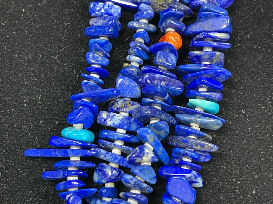Four Strand Native American Lapis Lazuli, Coral And Turquoise Beaded Necklace 30'L [Photo 4]