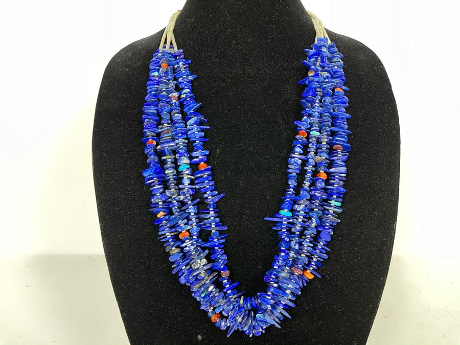 Four Strand Native American Lapis Lazuli, Coral And Turquoise Beaded Necklace 30'L [Photo 3]