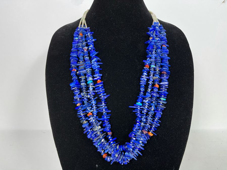 Four Strand Native American Lapis Lazuli, Coral And Turquoise Beaded Necklace 30'L [Photo 2]