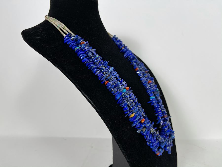 Four Strand Native American Lapis Lazuli, Coral And Turquoise Beaded Necklace 30'L [Photo 10]