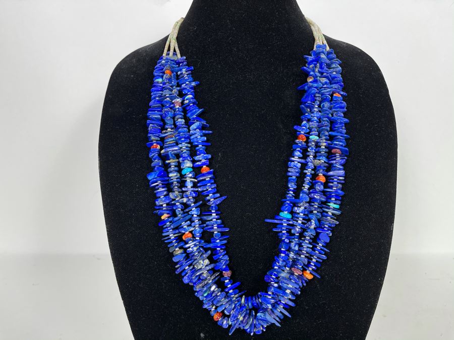 Four Strand Native American Lapis Lazuli, Coral And Turquoise Beaded Necklace 30'L