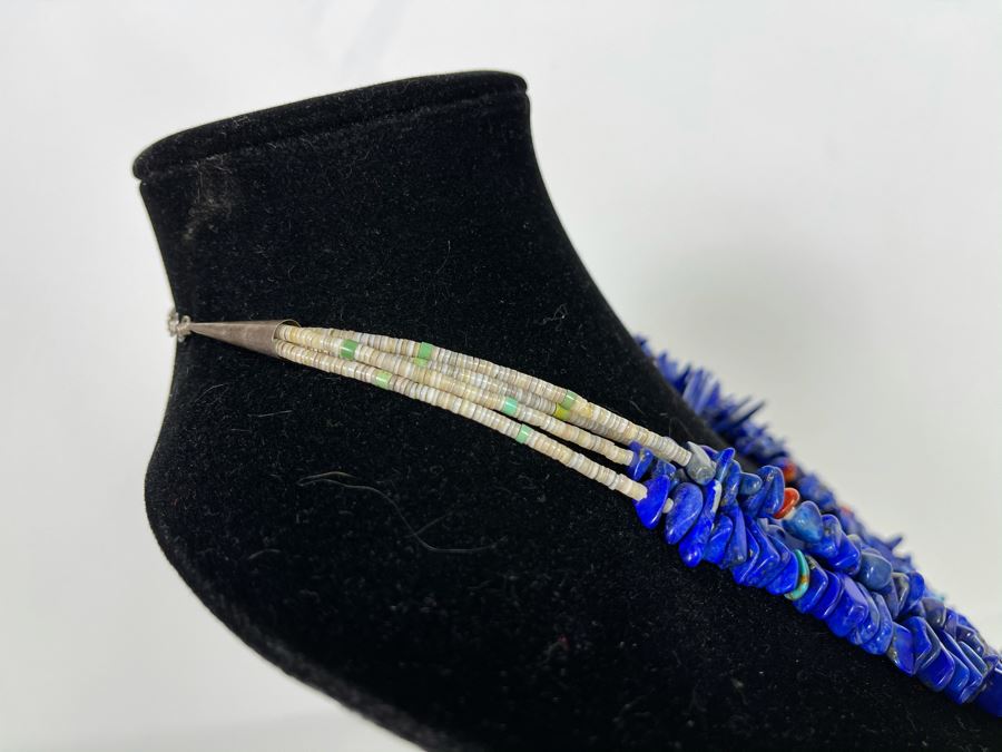 Four Strand Native American Lapis Lazuli, Coral And Turquoise Beaded Necklace 30'L [Photo 9]