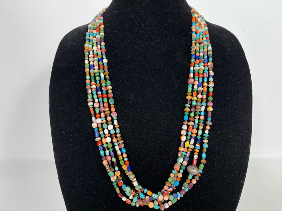 Five Strand Native American Multi-Colored Stone Beaded Necklace 30'L