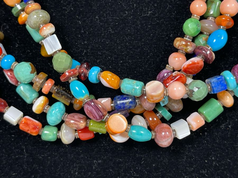 Five Strand Native American Multi-Colored Stone Beaded Necklace 30'L [Photo 6]
