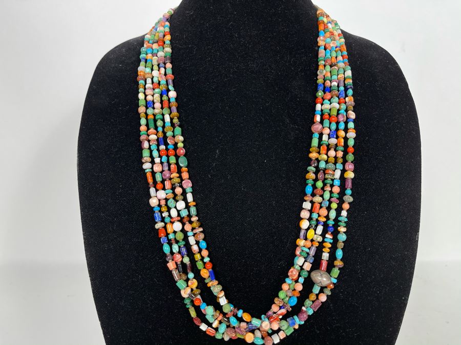 Five Strand Native American Multi-Colored Stone Beaded Necklace 30'L [Photo 2]