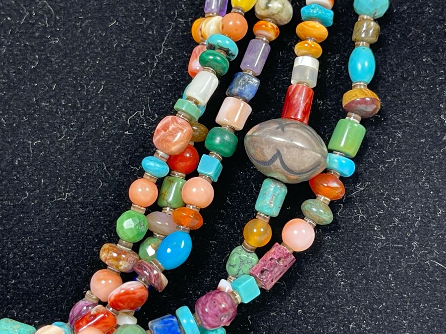 Five Strand Native American Multi-Colored Stone Beaded Necklace 30'L