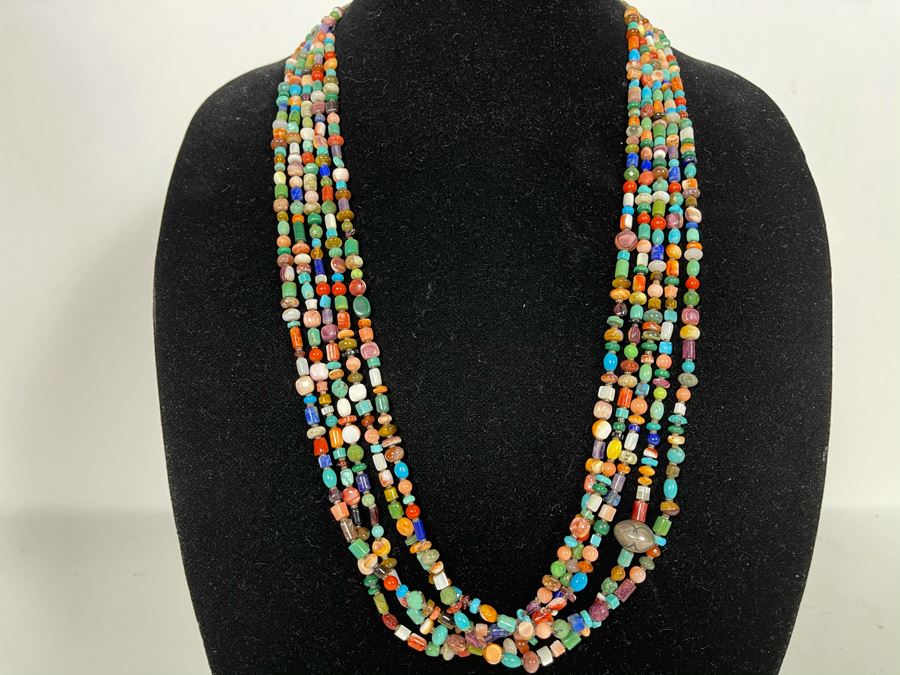 Five Strand Native American Multi-Colored Stone Beaded Necklace 30'L [Photo 3]