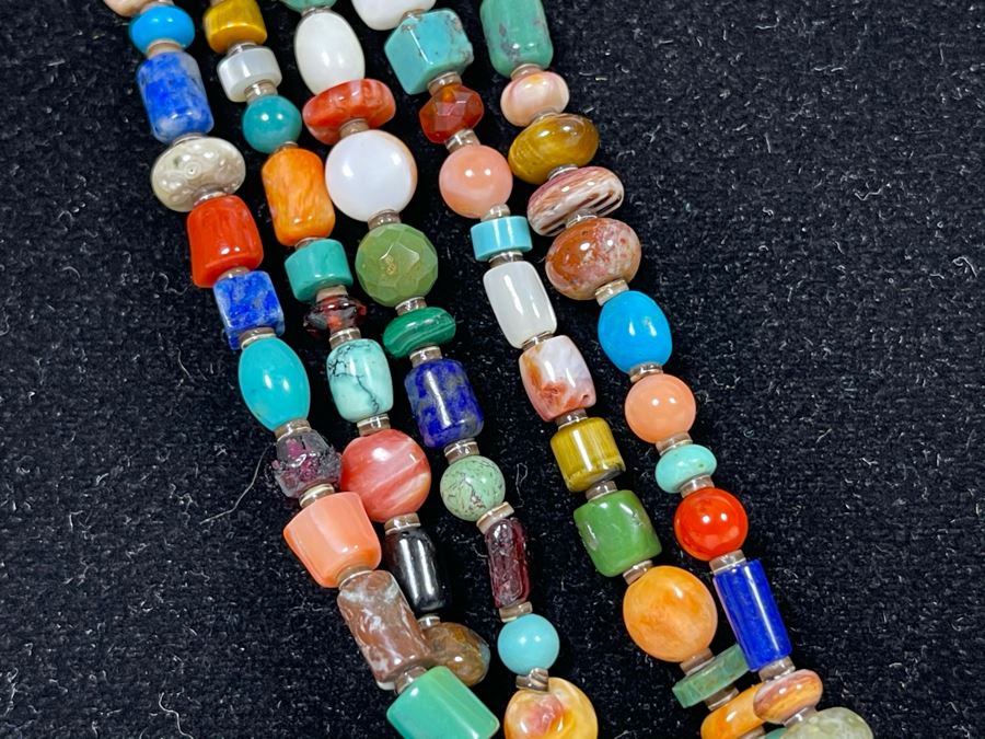 Five Strand Native American Multi-Colored Stone Beaded Necklace 30'L [Photo 7]