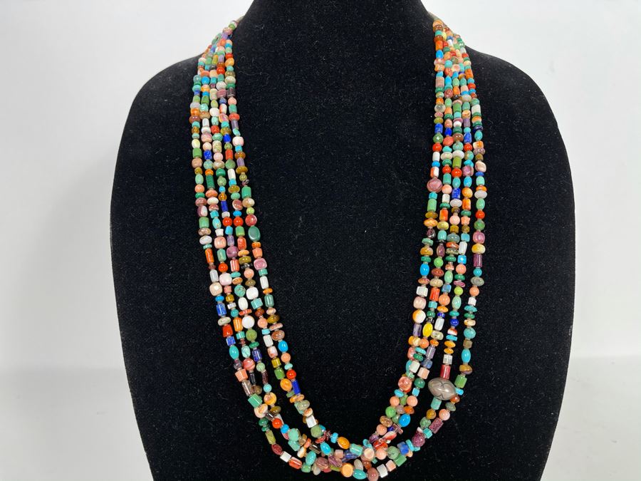 Five Strand Native American Multi-Colored Stone Beaded Necklace 30'L [Photo 4]