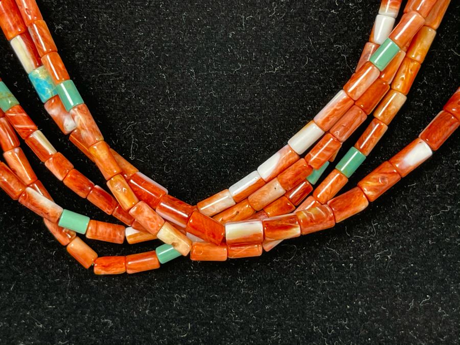 Five Strand Native American Red Coral And Turquoise Beaded Necklace 30'L [Photo 6]