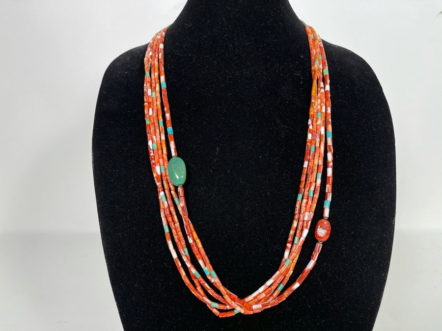 Five Strand Native American Red Coral And Turquoise Beaded Necklace 30'L [Photo 2]