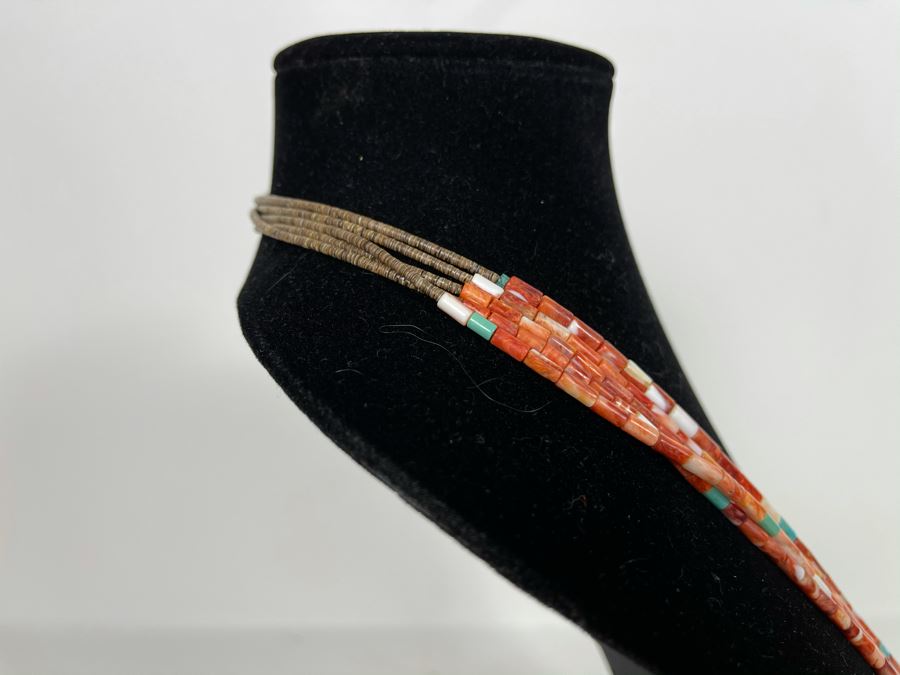 Five Strand Native American Red Coral And Turquoise Beaded Necklace 30'L [Photo 8]