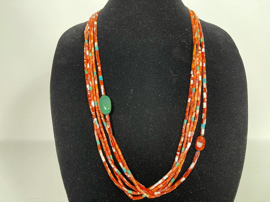 Five Strand Native American Red Coral And Turquoise Beaded Necklace 30'L [Photo 4]
