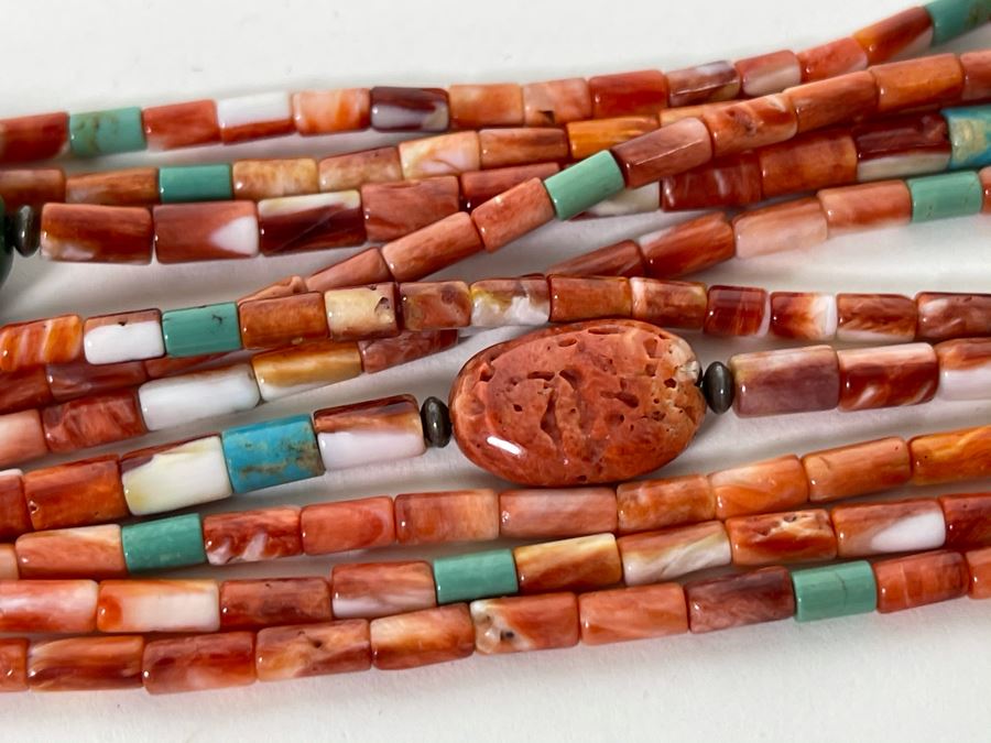 Five Strand Native American Red Coral And Turquoise Beaded Necklace 30'L [Photo 11]