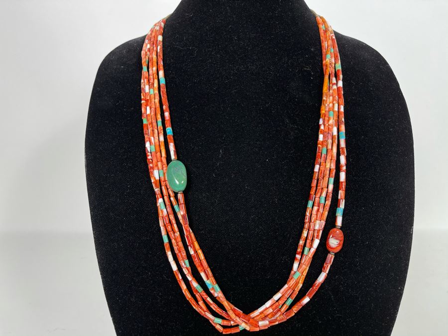 Five Strand Native American Red Coral And Turquoise Beaded Necklace 30'L [Photo 1]