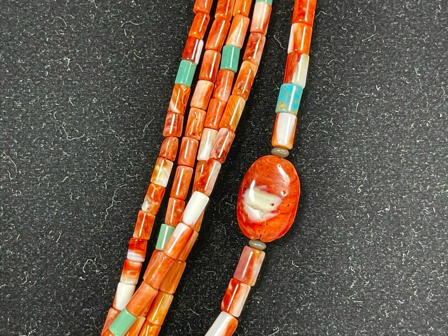Five Strand Native American Red Coral And Turquoise Beaded Necklace 30'L [Photo 5]
