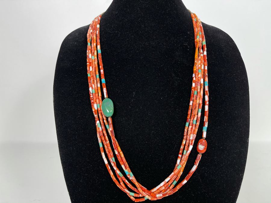Five Strand Native American Red Coral And Turquoise Beaded Necklace 30'L [Photo 3]