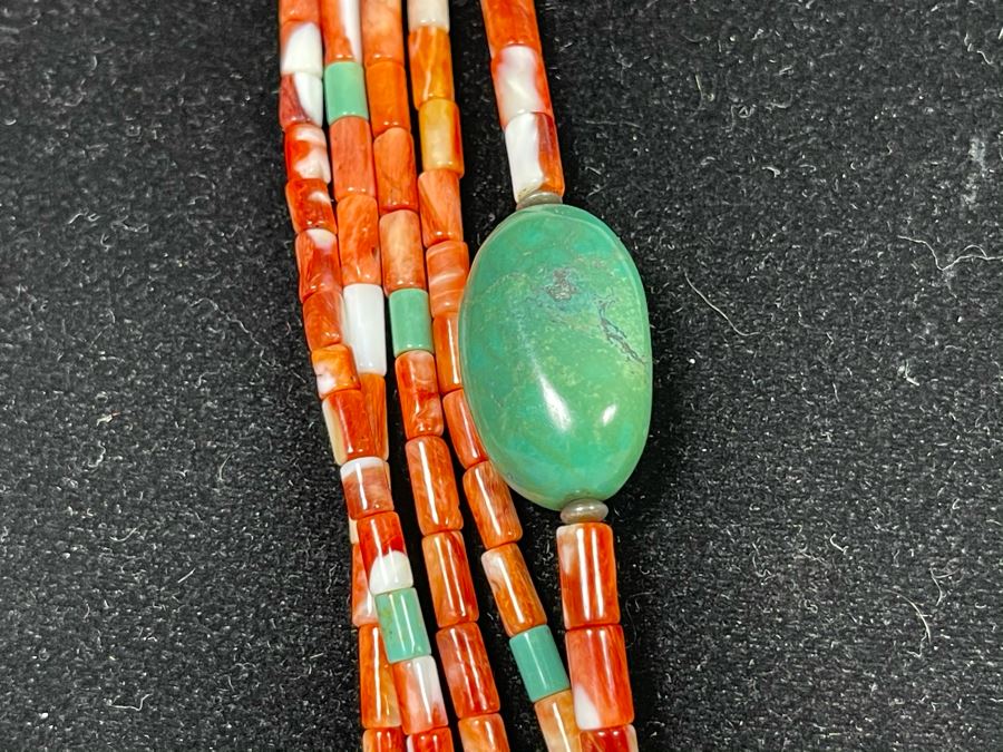 Five Strand Native American Red Coral And Turquoise Beaded Necklace 30'L [Photo 7]
