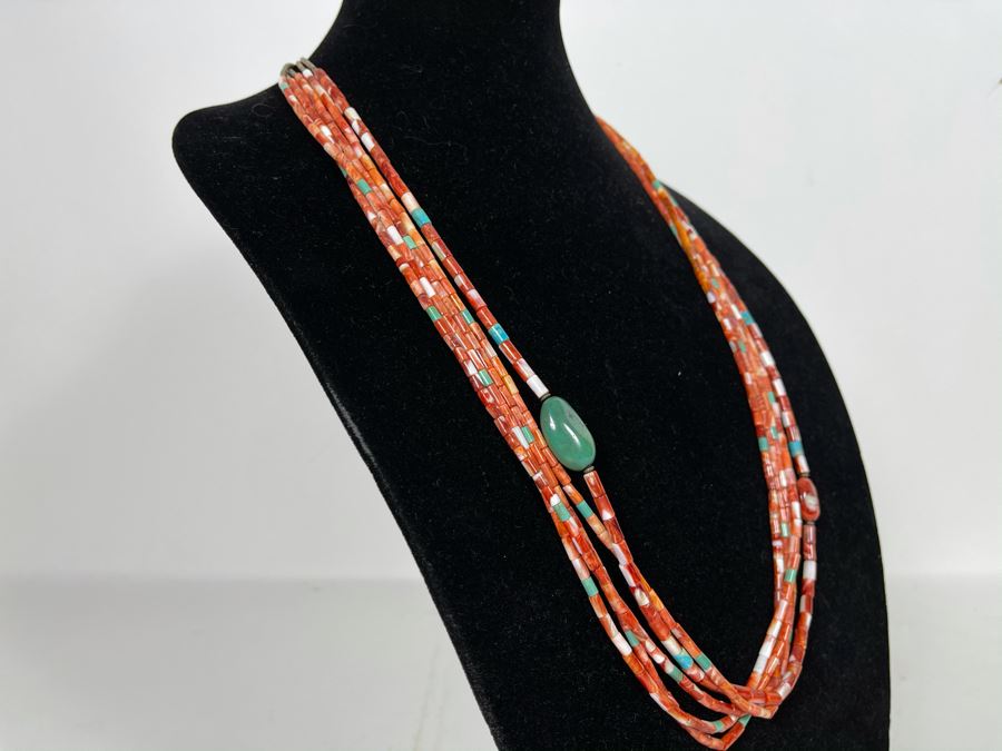 Five Strand Native American Red Coral And Turquoise Beaded Necklace 30'L [Photo 9]