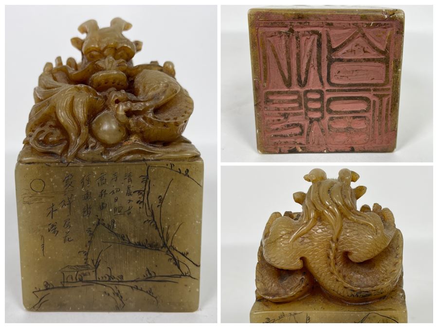 Large Chinese Carved Stone Dragon Seal 2.75W X 2.75D X 4.75H [Photo 1]