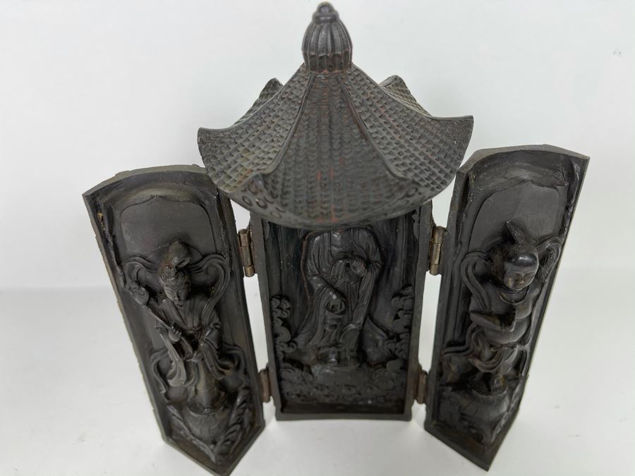 Signed Vintage Relief Carved Wooden Buddha Shrine Altar Travel Portable Tri-Fold Hinged 8.5W X 9.5H [Photo 8]