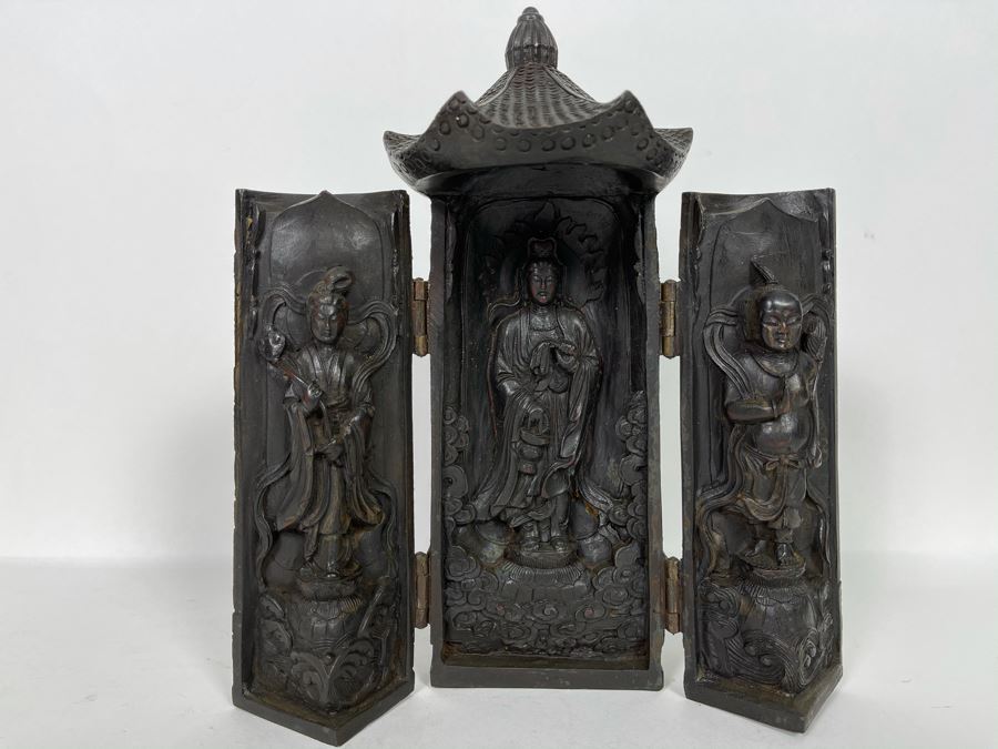 Signed Vintage Relief Carved Wooden Buddha Shrine Altar Travel Portable Tri-Fold Hinged 8.5W X 9.5H [Photo 11]